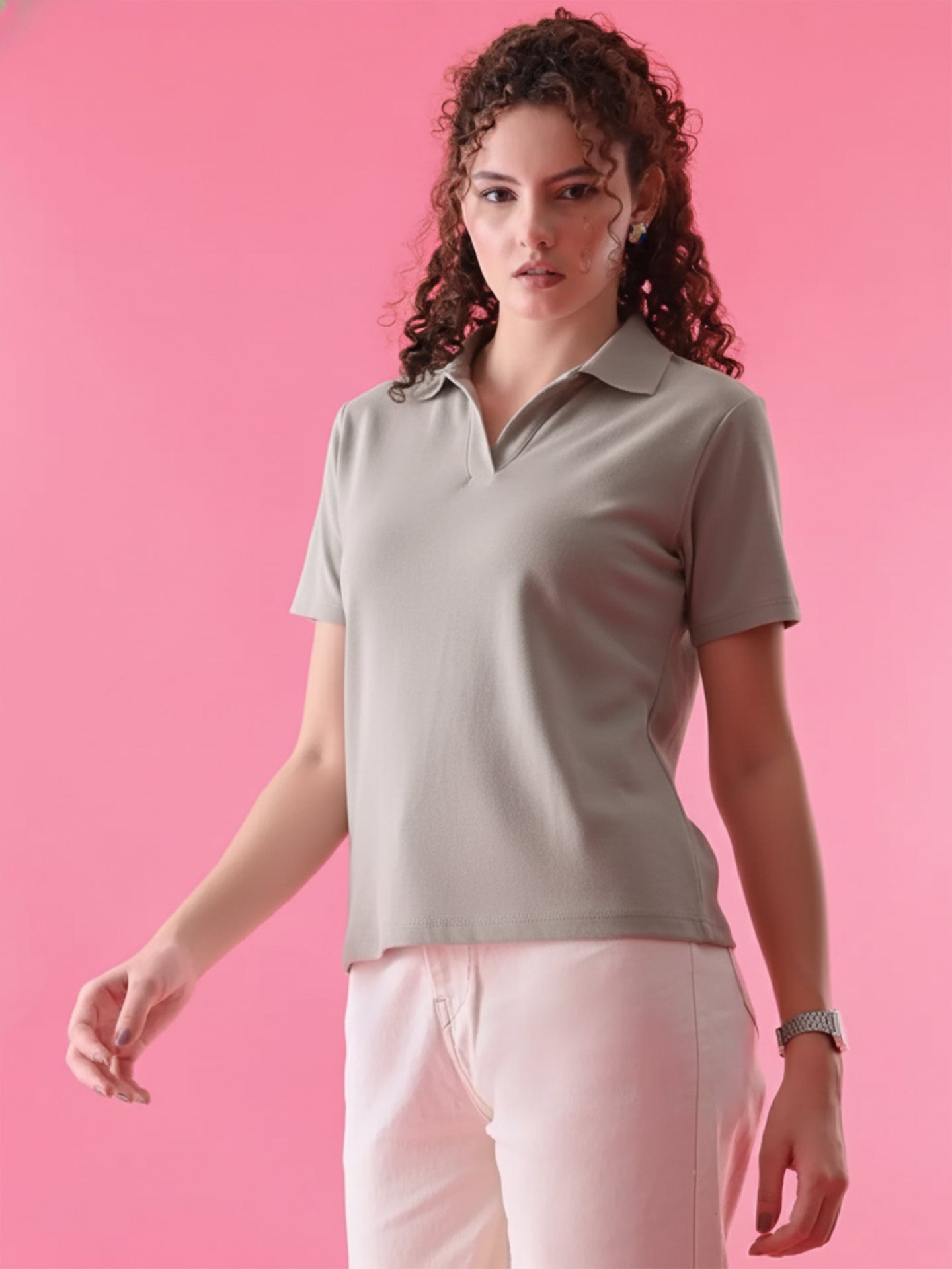 Essential Hazel Grey Polo T-Shirt For Women